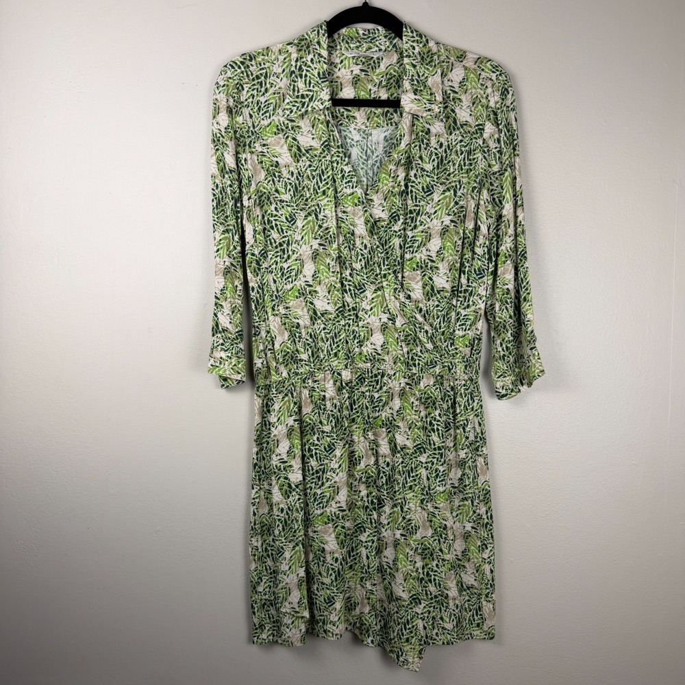 Cabi Faux Wrap Dress Women's Small Green Beige Tropical Leaf Print 3/4 Sleeve
